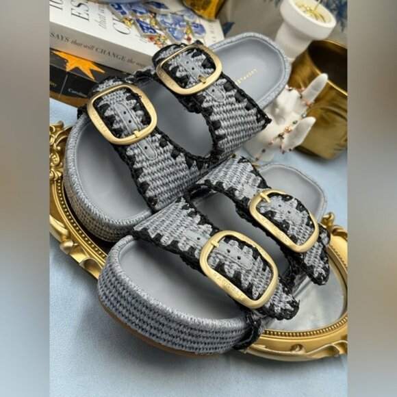 🆕 LOEFFLER RANDALL 🧿 NWOB Theo Embroidered Raffia Platform Sandal, Blue Sz 8 - Picture 11 of 15